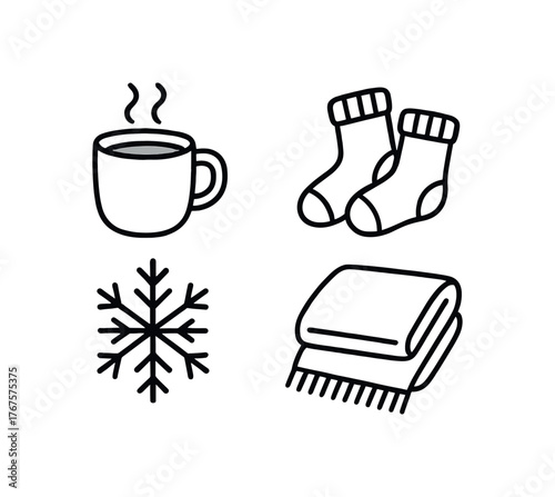 Outline winter comfort icon 4 isolated on white background cup of cocoa wool socks snowflake and blanket clean black and white line art with slightly hand drawn strokes cozy seasonal rest