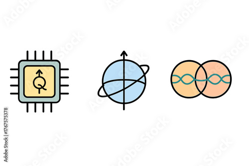 outline colorful icon isolated on transparent background flat vector illustration style quantum computing theme including quantum chip qubit sphere and entanglement symbol