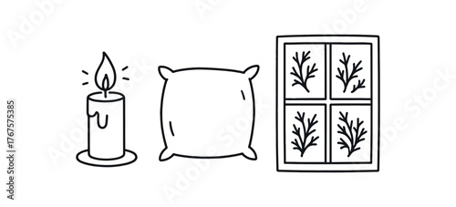 Outline winter evening icon isolated on white background candle pillow and window frost clean black and white line art with slightly hand drawn strokes peaceful home winter style