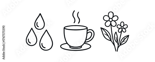 Outline early morning spring icon isolated on white background dew drops cup and flowers clean black and white line art with slightly hand drawn strokes refreshing new day style