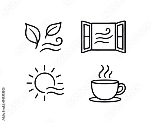 Outline spring breeze icon 4 isolated on white background leaves open window sunlight and cup clean black and white line art with slightly hand drawn strokes gentle air mood style