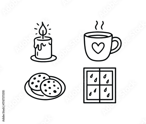 Outline autumn candlelight icon 4 isolated on white background candle mug cookies and rain outside window clean black and white line art with slightly hand drawn strokes cozy nostalgic mood