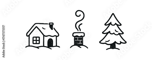 Outline snowy home icon isolated on white background house smoke and pine tree clean black and white line art with slightly hand drawn strokes quiet countryside winter style