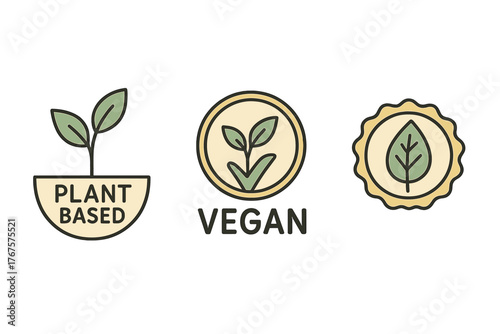 outline colorful icon isolated on transparent background flat vector illustration style vegan product theme including plant based symbol certified vegan icon and plant leaf badge