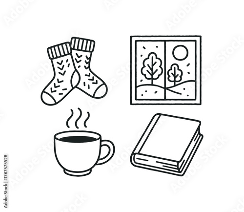 Outline autumn morning icon 4 isolated on white background knitted socks window view cup and book clean black and white line art with slightly hand drawn strokes home cozy start style