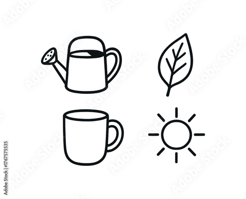 Outline morning garden icon 4 isolated on white background watering can leaf mug and sunlight clean black and white line art with slightly hand drawn strokes peaceful home routine style