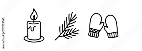 Outline winter calm icon isolated on white background candle pine branch and mittens clean black and white line art with slightly hand drawn strokes peaceful holiday style