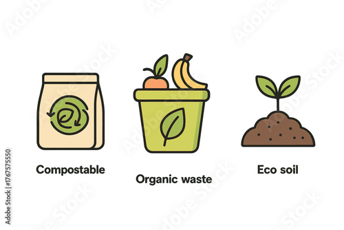 outline colorful icon isolated on transparent background flat vector illustration style biodegradable theme including compostable packaging organic waste bin and eco soil symbol