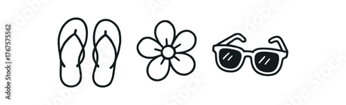 Outline summer walk icon isolated on white background sandals flower and sunglasses clean black and white line art with slightly hand drawn strokes light carefree mood style