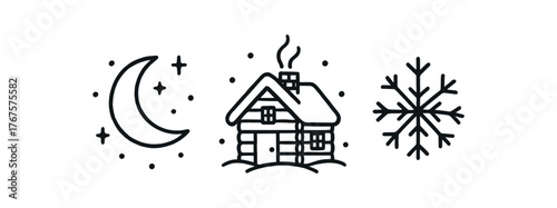 Outline quiet snow night icon isolated on white background moon cabin and snowflake clean black and white line art with slightly hand drawn strokes calm winter evening style