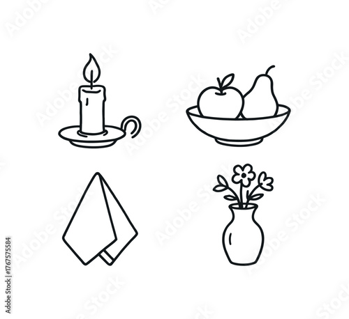 Outline seasonal table icon 4 isolated on white background candle fruit napkin and vase clean black and white line art with slightly hand drawn strokes warm timeless mood style