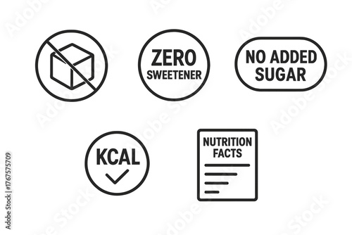 monochrome minimal icon 5 isolated on transparent background clean outline vector style sugar free theme including sugar cube crossed symbol zero sweetener badge no added sugar label