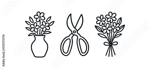 Outline flower arranging icon isolated on white background vase scissors and bouquet clean black and white line art with slightly hand drawn strokes elegant home creativity style