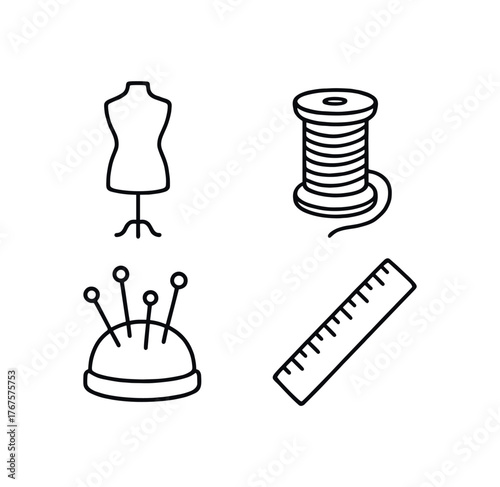 Outline creative sewing icon 4 isolated on white background mannequin thread pin cushion and ruler clean black and white line art with slightly hand drawn strokes artistic tailoring style