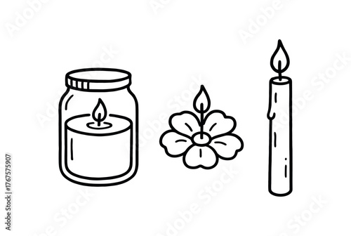 Outline candle decor icon isolated on white background glass jar wax flower and wick clean black and white line art with slightly hand drawn strokes aesthetic handmade hobby style