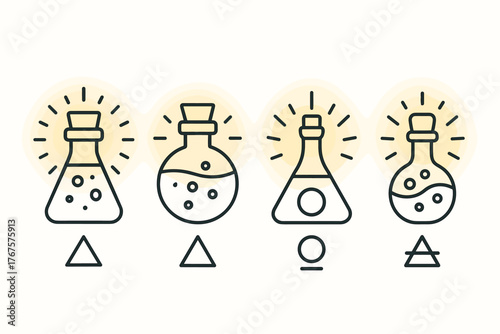 4 outline potion bottles with glowing aura and alchemy symbols flat vector illustration style isolated on white background