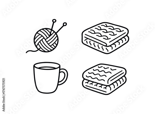 Outline soft knitting icon 4 isolated on white background yarn ball needles folded blanket and cup clean black and white line art with slightly hand drawn strokes cozy homemade lifestyle