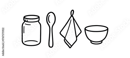 Outline zero contain kitchen icon 4 isolated on white background glass jars wooden spoon cloth napkin and ceramic bowl clean black and white line art with slightly hand drawn strokes