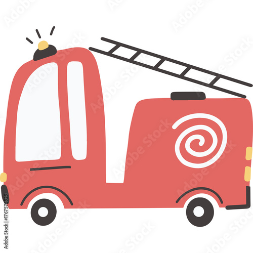 Red Fire Truck Illustration With Ladder And Flashing Light On A Transparent Background
