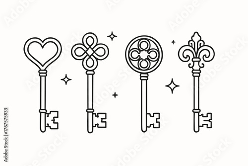 4 outline vintage keys with decorative details and sparkles flat vector illustration style isolated on white background