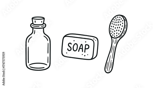 Outline clean beauty icon isolated on white background glass bottle soap bar and bamboo brush clean black and white line art with slightly hand drawn strokes gentle self care eco style