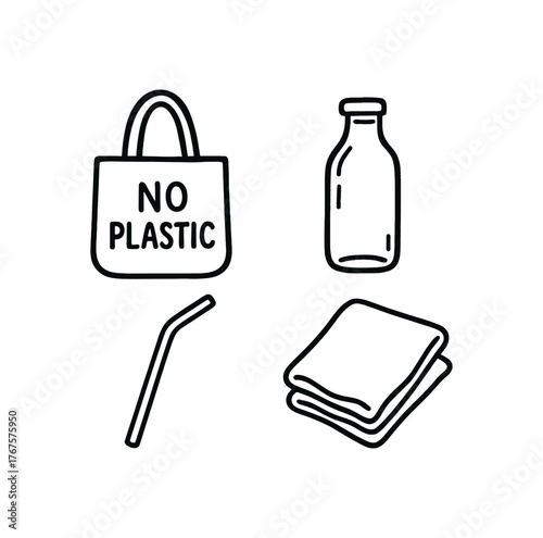 Outline no plastic icon 4 isolated on white background reusable bag glass bottle metal straw and cotton cloth clean black and white line art with slightly hand drawn strokes sustainable