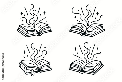 4 outline ancient books with magical smoke and light rays flat vector illustration style isolated on white background