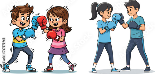 Boxing practice, cartoon characters, kids sparring, adults training, gloves on, vector illustration, playful moment, serious stance, sportswear, physical activity