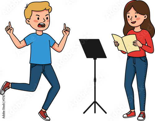 Cartoon boy and girl performing musical drama, expressive pose, reading script, singing rehearsal, stage activity, vector illustration for education