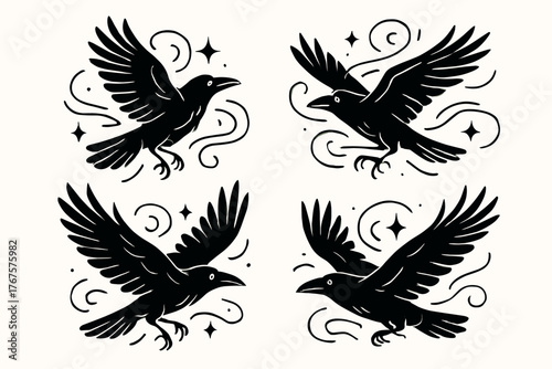 4 outline ravens flight with mystical energy lines flat vector illustration style isolated on white background