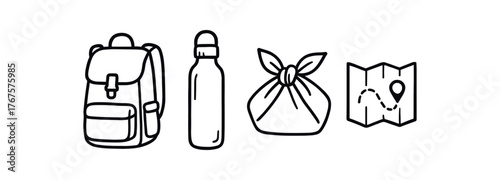 Outline sustainable travel icon 4 isolated on white background backpack reusable bottle cloth wrap and small map clean black and white line art with slightly hand drawn strokes eco