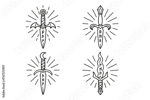 4 outline magical daggers with light rays and runes flat vector illustration style isolated on white background
