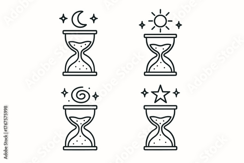 4 outline hourglasses with sand flow and cosmic symbols flat vector illustration style isolated on white background