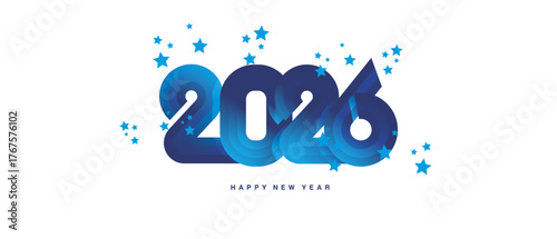 Happy New Year 2026. Black type typography in the shape of a gradient blue ribbon for the year 2026 with stars all around on light white background