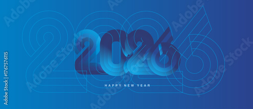 Happy New Year 2026. Combination of small black type and large outline typography in the shape of a ribbon for the year 2026. Abstract neon light blue and blue background