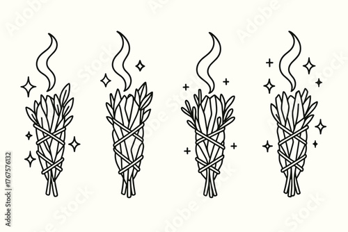 4 outline herbal bundles with smoke and magical glow flat vector illustration style isolated on white background