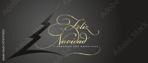 Merry Christmas and Happy New Year 2026 Spanish language golden light elegant brush script calligraphy on cut out paper Christmas tree black background greeting card