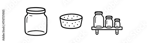 Outline sustainable storage icon isolated on white background glass container cork lid and shelf clean black and white line art with slightly hand drawn strokes organized eco home style