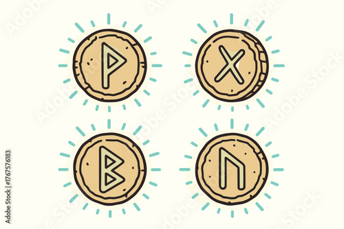 4 outline ancient coins with runes and glowing energy flat vector illustration style isolated on white background