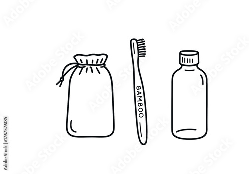 Outline zero plastic travel icon isolated on white background pouch bamboo toothbrush and bottle clean black and white line art with slightly hand drawn strokes lightweight sustainable