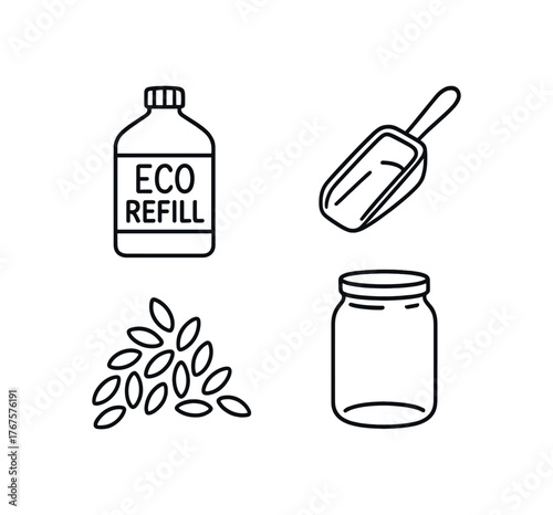 Outline eco refilling station icon 4 isolated on white background large bottle scoop grains and jar clean black and white line art with slightly hand drawn strokes bulk store shopping style
