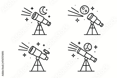 4 outline telescopes with shooting rays and moon details flat vector illustration style isolated on white background