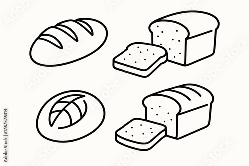 4 outline bread loaves and slices with distinct crust shapes flat vector illustration style isolated on white background