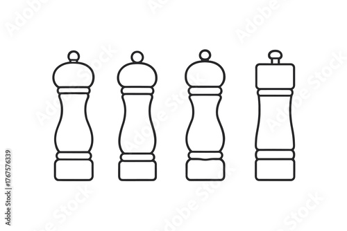 4 outline salt and pepper mills with minimal design flat vector illustration style isolated on white background