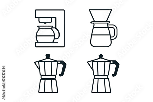 4 outline coffee makers and moka pots flat vector illustration style isolated on white background
