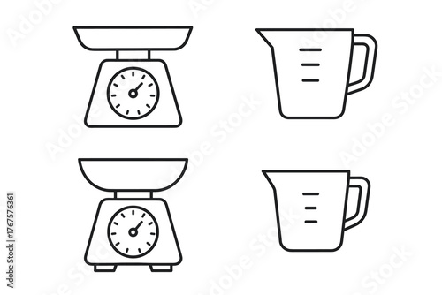4 outline kitchen scales and measuring cups flat vector illustration style isolated on white background