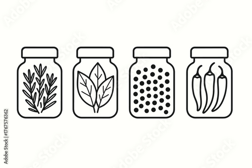4 outline jars with dried herbs and spices flat vector illustration style isolated on white background