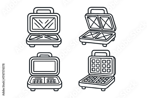 4 outline sandwich toasters and waffle makers flat vector illustration style isolated on white background