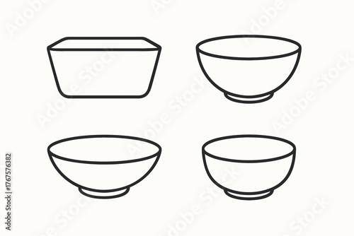 4 outline ceramic bowls with simple shapes flat vector illustration style isolated on white background