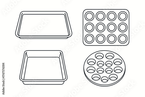 4 outline baking trays and muffin pans flat vector illustration style isolated on white background